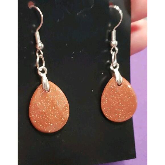 Goldstone Dangle Earrings Teardrop Shape Sparkly Reddish Brown Color Silver Tone - Picture 6 of 7